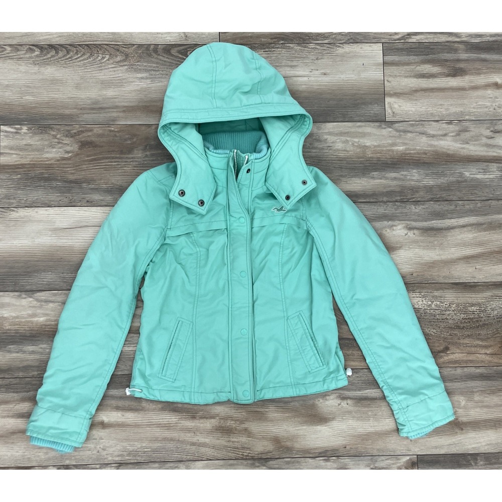 Hollister Vintage Mint Green All Weather Jacket Girls Large Y2K Bomber Hooded